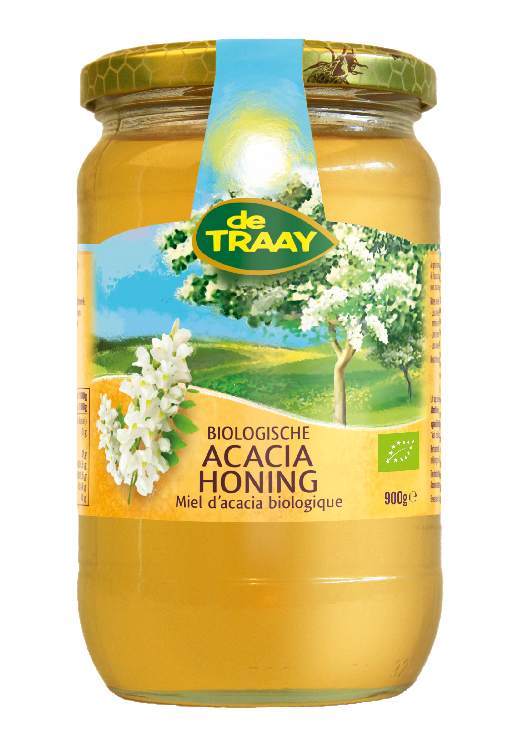 Organic de Traay Acaciahoning honey jar with golden honey visible, 900 grams, natural and pure acacia honey in a clear glass jar.