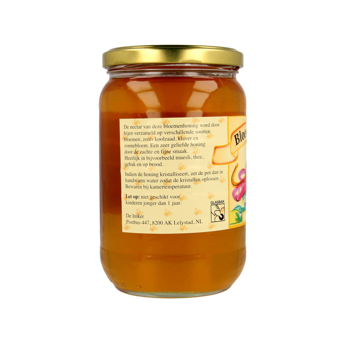 Liquid De Imker bloemenhoning in a jar, showing golden honey with a smooth texture and a clear label.