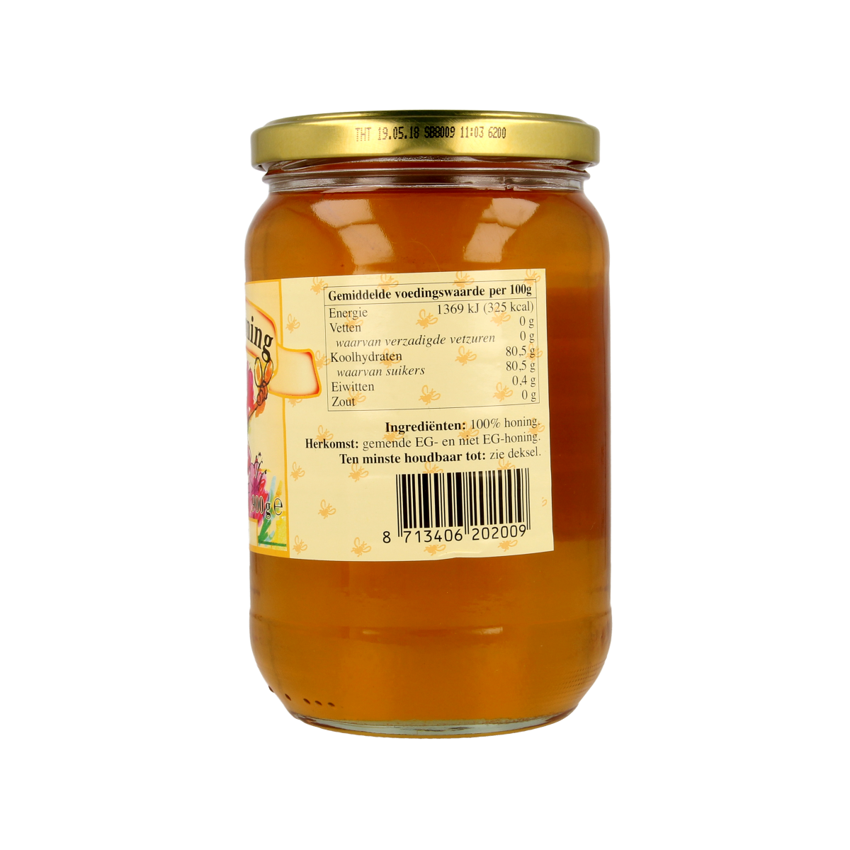De Imker bloemenhoning vloeibaar in 900g pot, showing golden, viscous honey with a smooth texture.