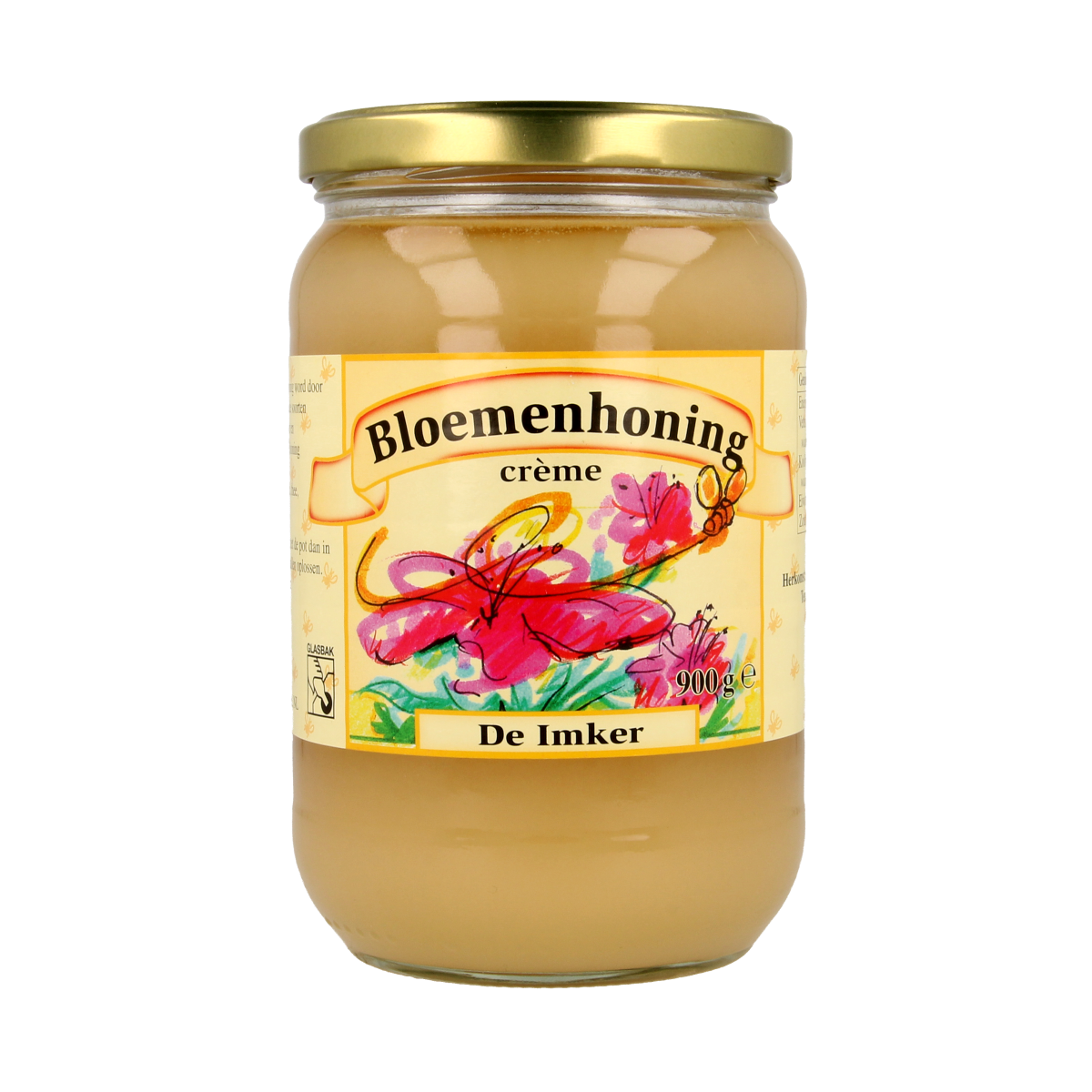 De Imker bloemenhoning crème in 900g jar, smooth honey spread with a natural floral aroma and creamy texture.
