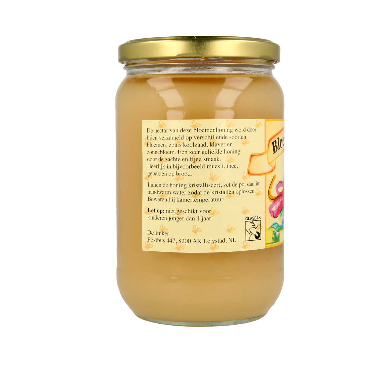 De Imker bloemenhoning crème in 900g jar showing smooth, golden honey cream with a natural honey spread.