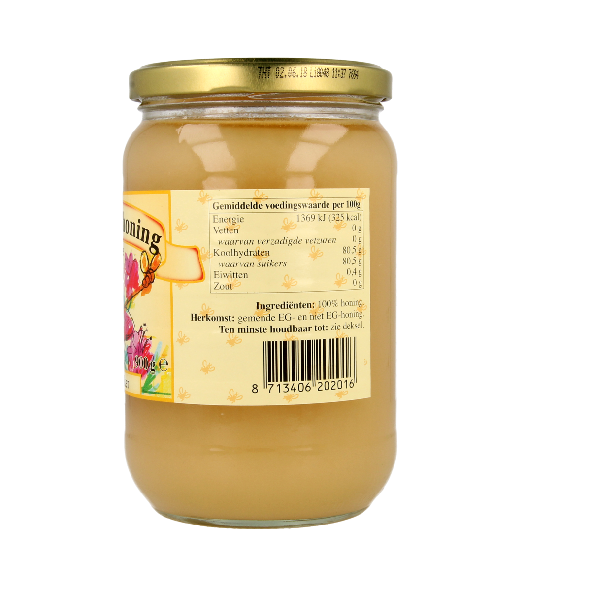 De Imker bloemenhoning crème in een 900 gram pot, glad en rijkelijk gevuld, met een natuurlijke honingkleur en textuur.
