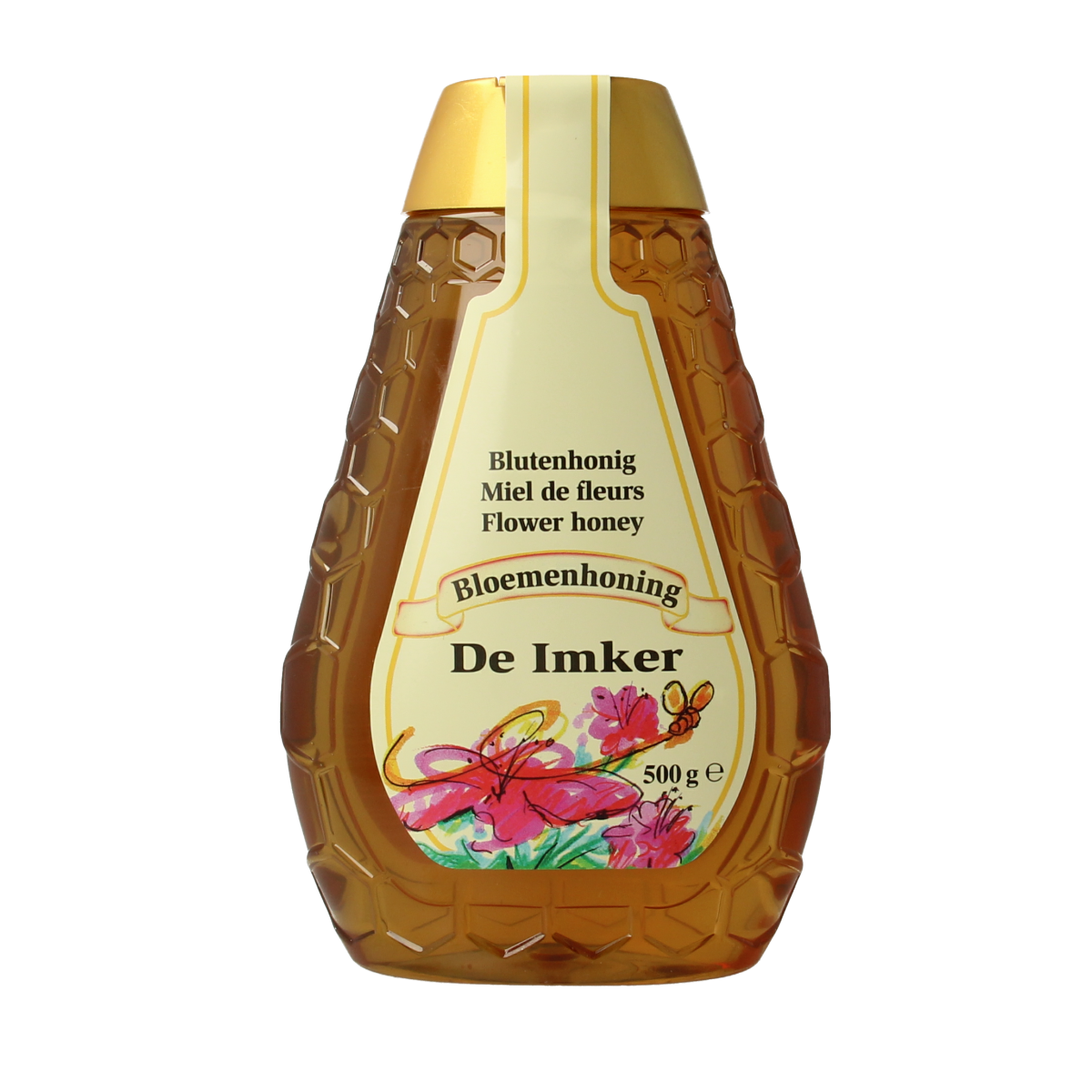 De Imker Bloemenhoning in 500g knijpfles, natural honey from bees, with a clear squeeze bottle and golden color.