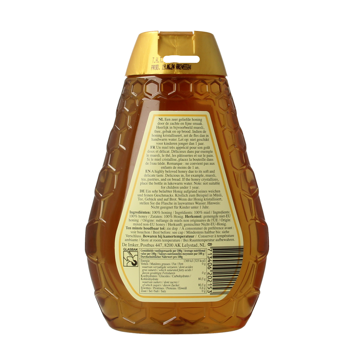 De Imker Bloemenhoning in a 500g squeeze bottle, natural honey with floral aroma, for versatile use and sweetening.