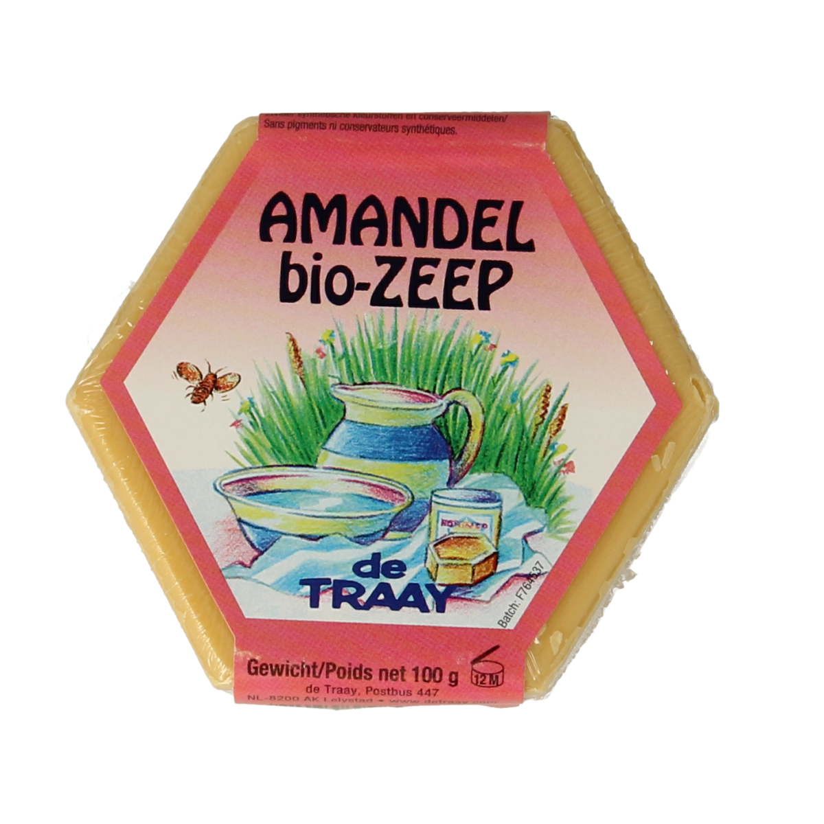 Organic almond soap by de Traay, 100 grams, showing a bar of natural soap with almond ingredients and branding.