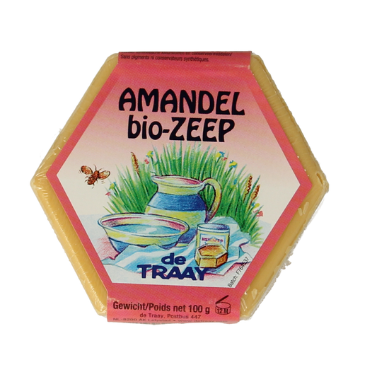 Organic almond soap by de Traay, 100 grams, showing a bar of natural soap with almond ingredients and branding.