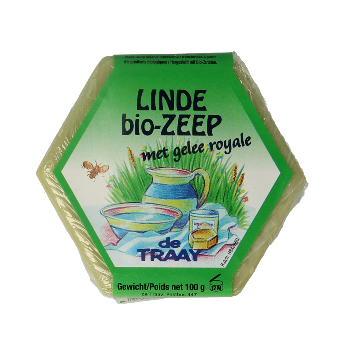 De Traay lindebloesem en koninginnegelei biologische zeep, 100 gram, with a smooth soap bar and natural floral ingredients.