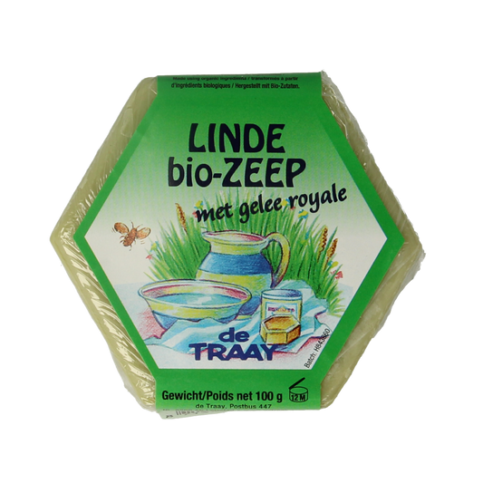De Traay lindebloesem en koninginnegelei biologische zeep, 100 gram, with a smooth soap bar and natural floral ingredients.