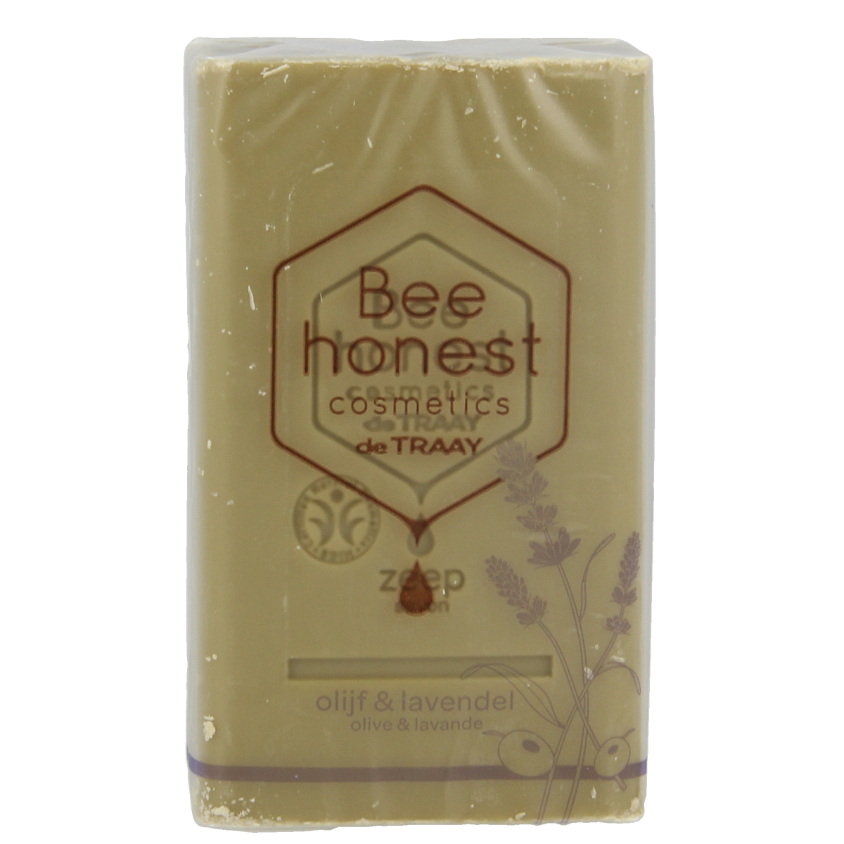 Traay Bee Honest olive and lavender soap bar, 100 grams, showing the soap with floral and olive oil ingredients.