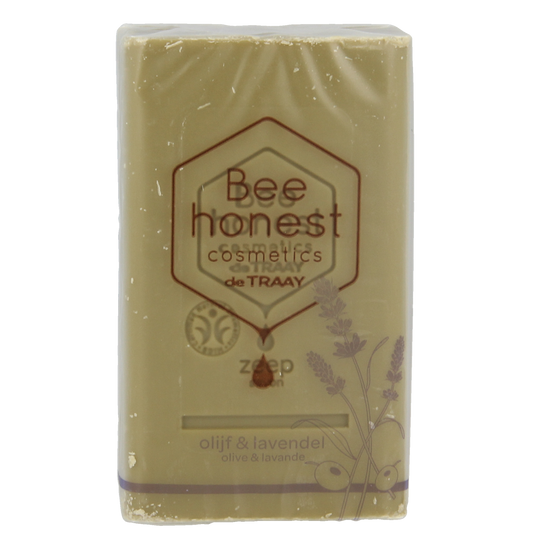 Traay Bee Honest olive and lavender soap bar, 100 grams, showing the soap with floral and olive oil ingredients.