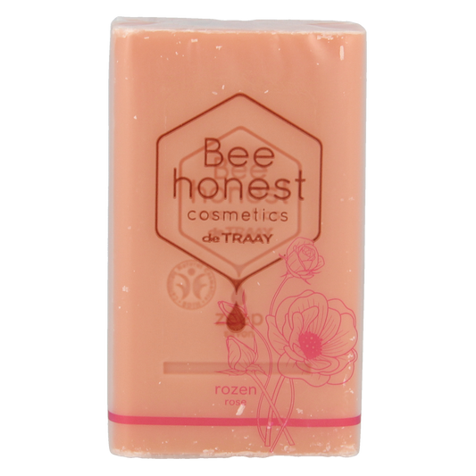 Traay Bee Honest Zeep with rose scent, 100g bar featuring floral design and natural ingredients, ideal for gentle skincare.