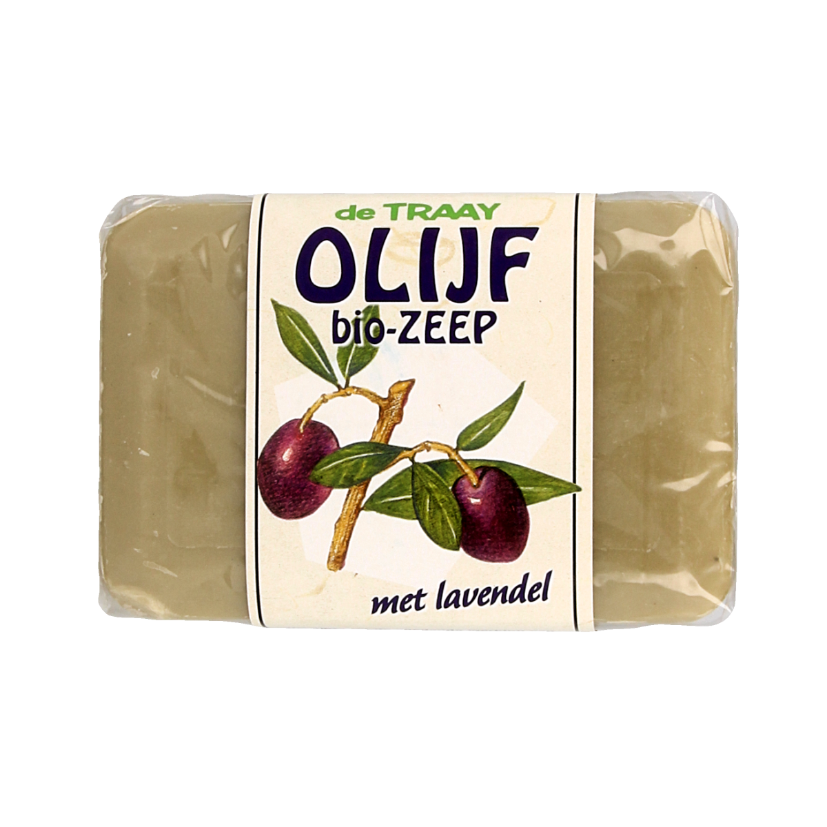 De Traay olijf en lavendel zeep bar, 250g, with natural olive and lavender ingredients, displayed on a neutral background.