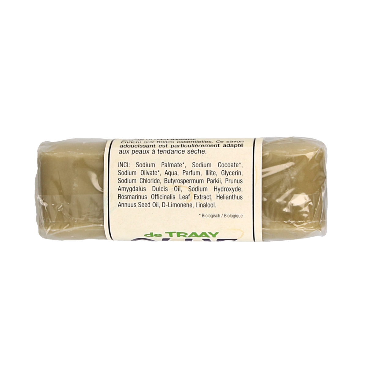 de Traay olive and lavender soap bar, 250g, showing a rectangular soap with lavender and olive oil ingredients visible