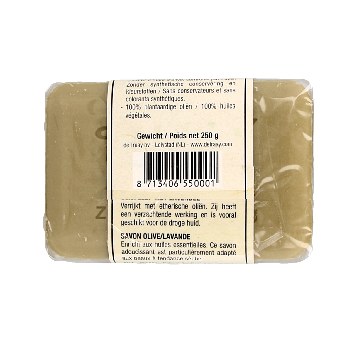 de Traay olive and lavender soap bar, 250g, with a natural soap texture and packaging featuring olive and lavender illustrations.