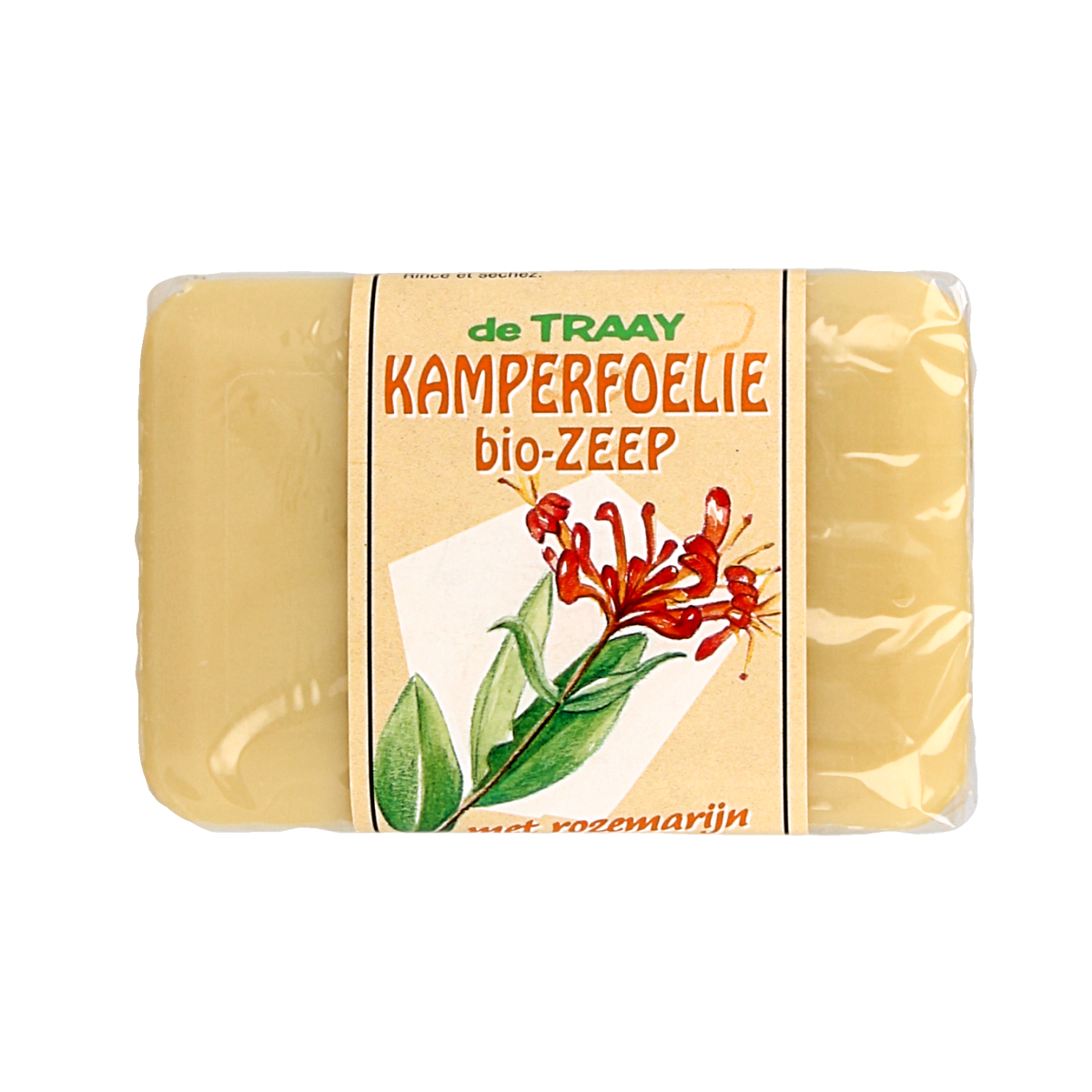 de Traay Zeep with kamperfoelie and karite bio, 250g, featuring the soap’s natural ingredients and textured surface