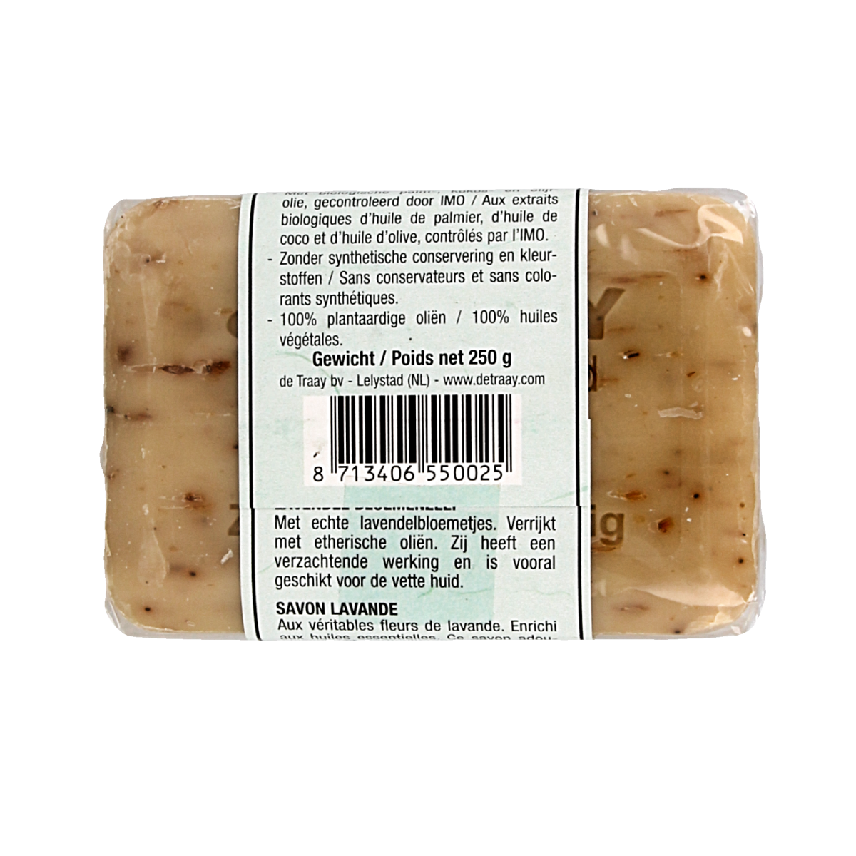 De Traay lavendel and flower soap bar, 250 grams, showcasing a natural lavender and floral scent with a textured soap surface.