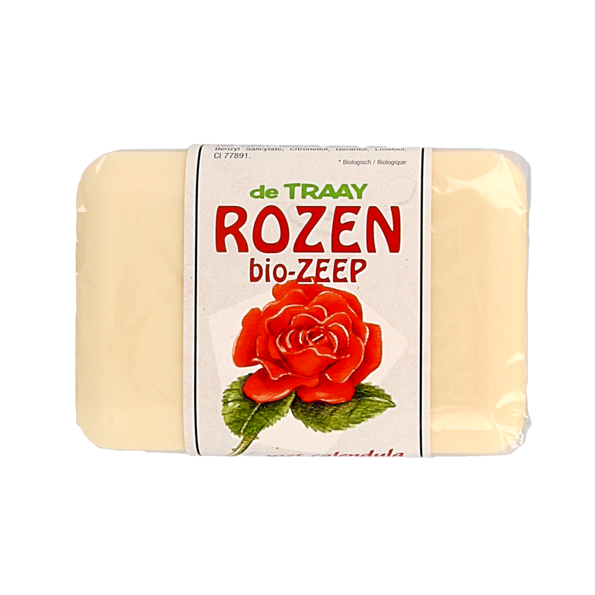 de Traay Zeep roos and calendula soap bar, 250g, with floral and herbal ingredients, shown with natural rose and calendula flowers