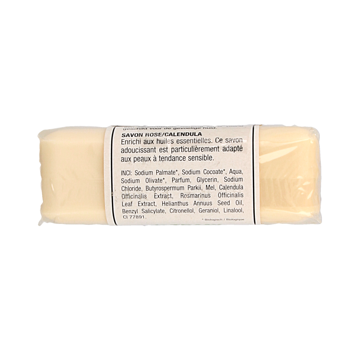 de Traay Zeep with rose and calendula, 250g, showing a natural soap bar with floral ingredients and herbal packaging.