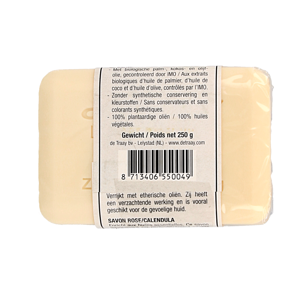 de Traay Zeep roos and calendula soap bar, 250g, featuring floral and herbal ingredients with a natural, textured appearance