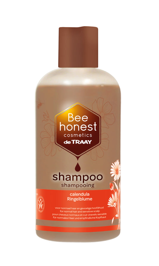 Traay Bee Honest calendula shampoo bottle for hair care, 250ml, with a natural herbal design on the label.