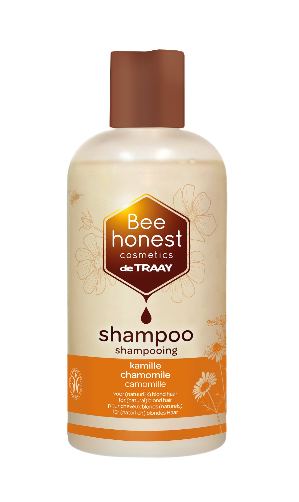 Traay Bee Honest Kamille Shampoo bottle, 250ml, in a white and yellow packaging, designed for hair care and gentle cleansing.