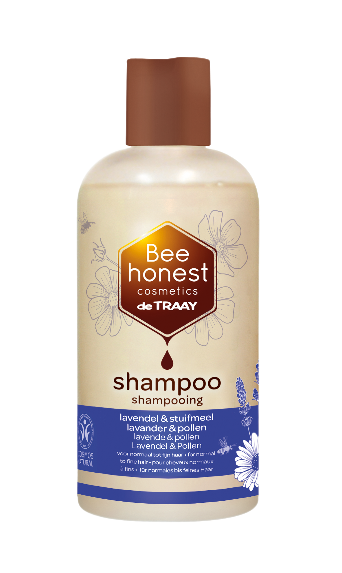 Traay Bee Honest lavendel en stuifmeel shampoo voor haarverzorging, 250 ml, met lavendelbloemen en bijenproducten zichtbaar in de fles