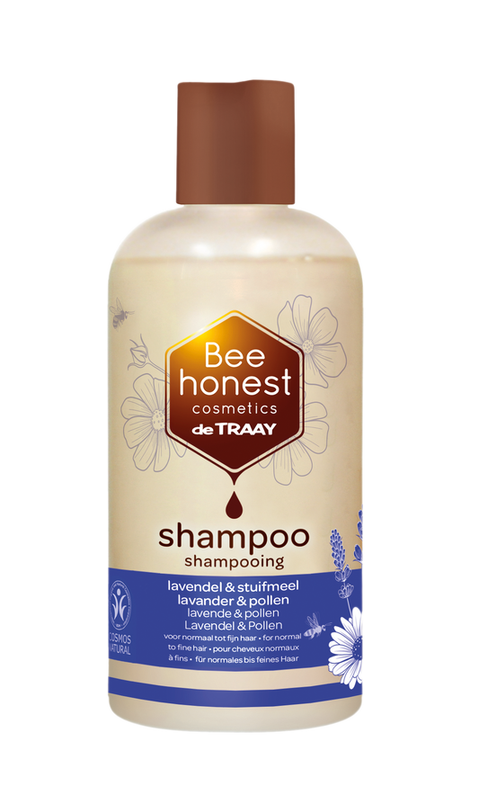Traay Bee Honest lavendel en stuifmeel shampoo voor haarverzorging, 250 ml, met lavendelbloemen en bijenproducten zichtbaar in de fles