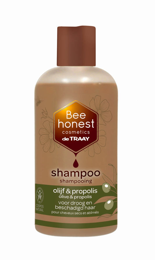 Traay Bee Honest olijf en propolis shampoo bottle for hair care, 250ml, with natural ingredients and eco-friendly packaging.