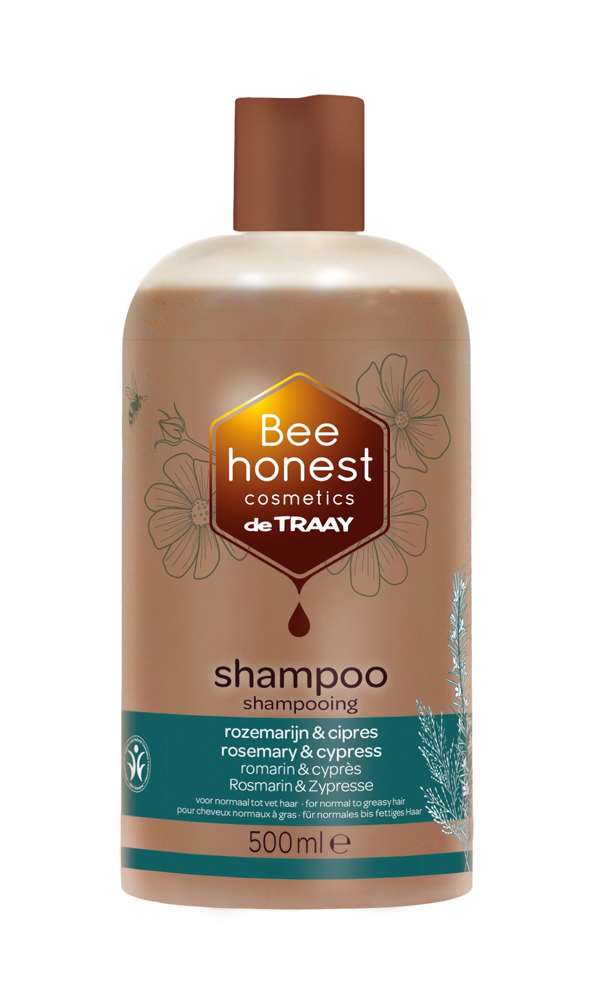 Traay Bee Honest rosemary and cypress shampoo bottle for hair care, 250ml, with green and white packaging.