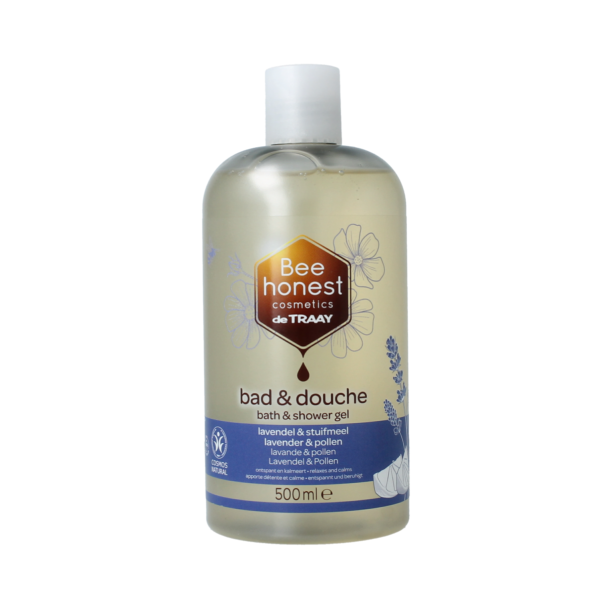 Traay Bee Honest lavender and pollen bath and shower gel in a 500ml bottle, featuring a lavender and pollen scent label.