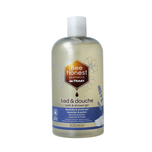 Traay Bee Honest lavender and pollen bath and shower gel in a 500ml bottle, featuring a lavender and pollen scent label.