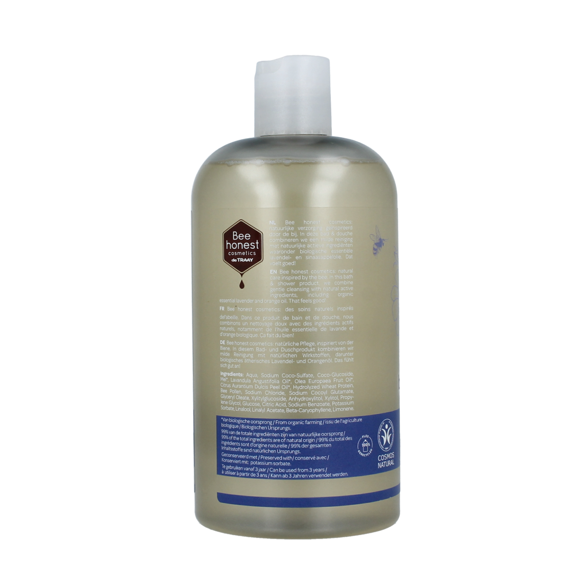 Traay Bee Honest lavender and pollen bath and shower gel in a 500ml bottle, featuring a lavender scent and natural ingredients.