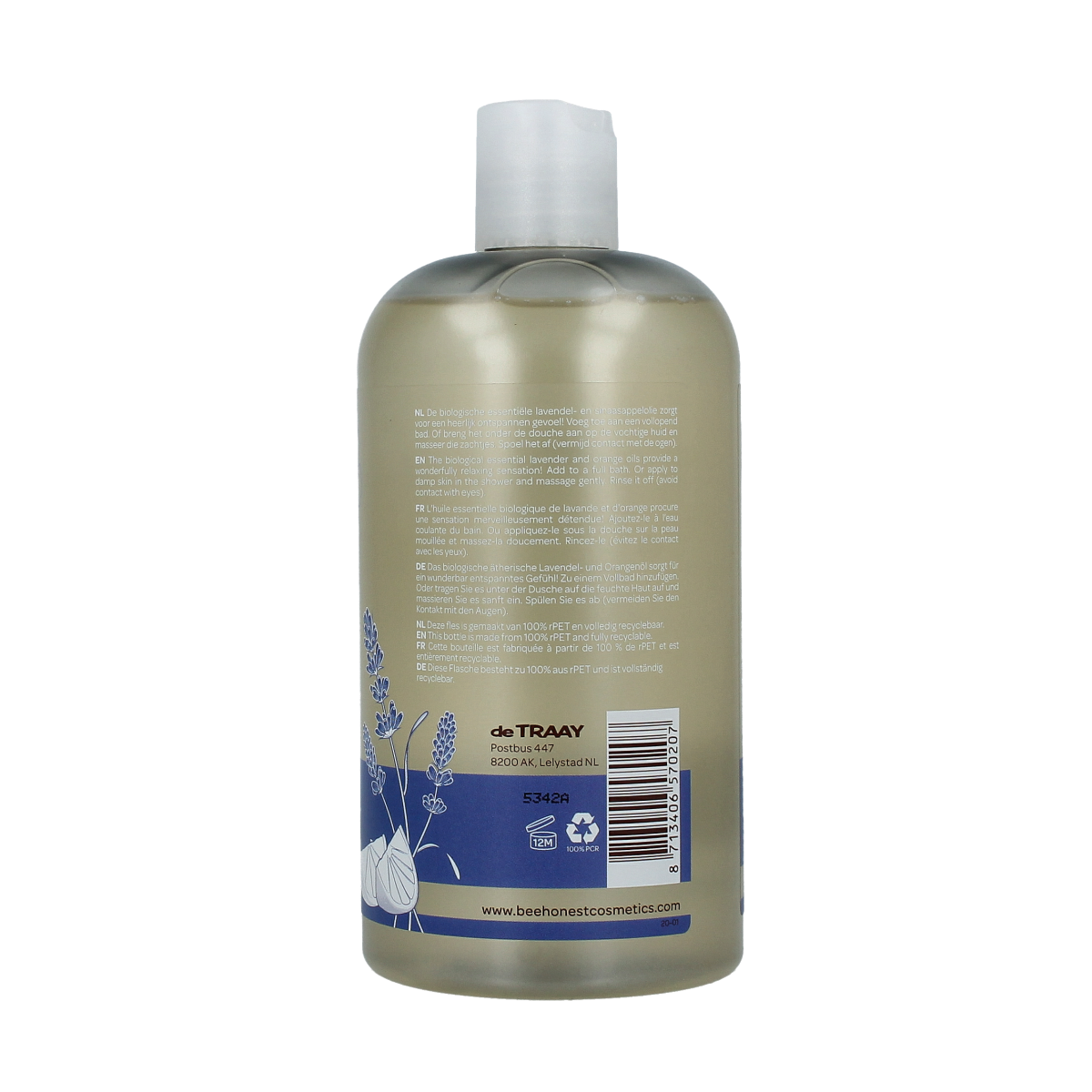 Traay Bee Honest lavender and pollen bath and shower gel in a 500ml bottle, featuring a lavender and pollen scent.