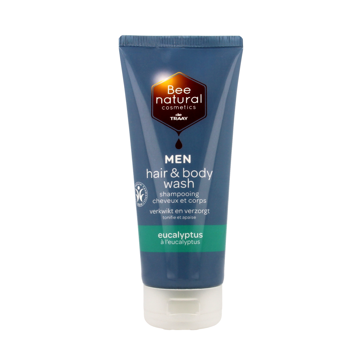 Traay Bee Honest men's eucalyptus hair and body wash in 200ml bottle, bad en douche product with fresh herbal scent.