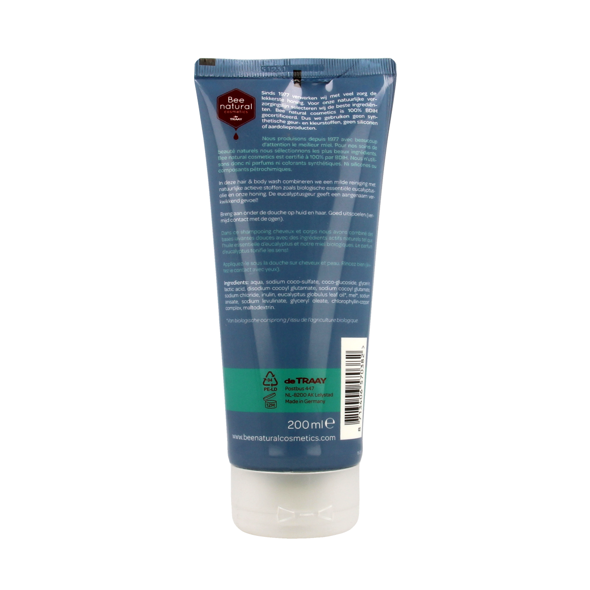 Traay Bee Honest men's eucalyptus hair and body wash, 200ml, in a clear bottle with a pump dispenser.