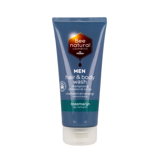 Traay Bee Honest men's rosemary hair and body wash in a 200ml bottle, designed for nourishing hair and skin during showering.