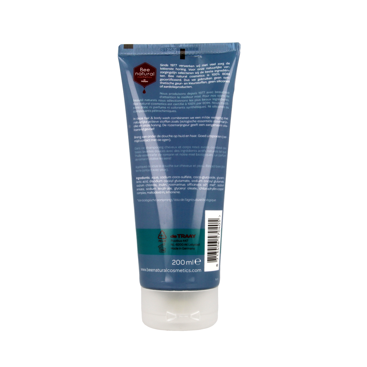 Traay Bee Honest men's rosemary hair and body wash in a 200ml bottle, featuring a clear label and pump dispenser.