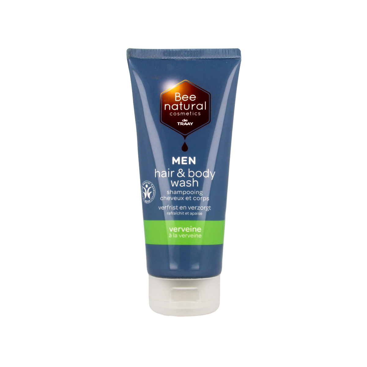 Traay Bee Honest men's Verveine hair and body wash in a 200ml bottle, featuring a refreshing herbal scent and easy-to-use pump.