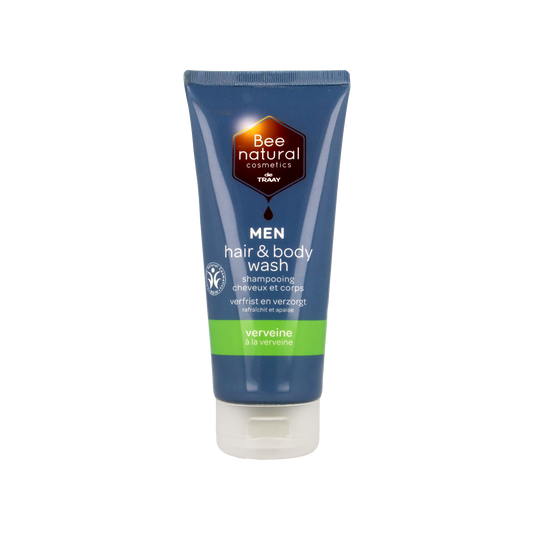 Traay Bee Honest men's Verveine hair and body wash in a 200ml bottle, featuring a refreshing herbal scent and easy-to-use pump.