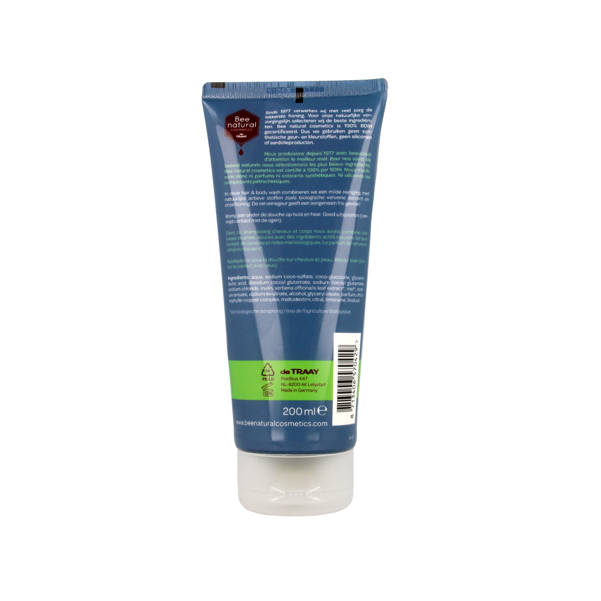 Traay Bee Honest men's verveine body wash, 200ml, in a clear bottle with a label, designed for shower use.