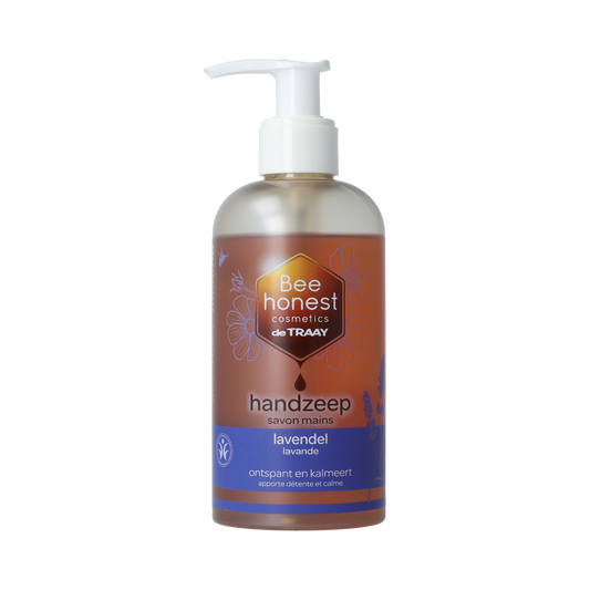 Traay Bee Honest lavender hand soap bottle, 250ml, natural hand care product with lavender scent and gentle cleansing properties.