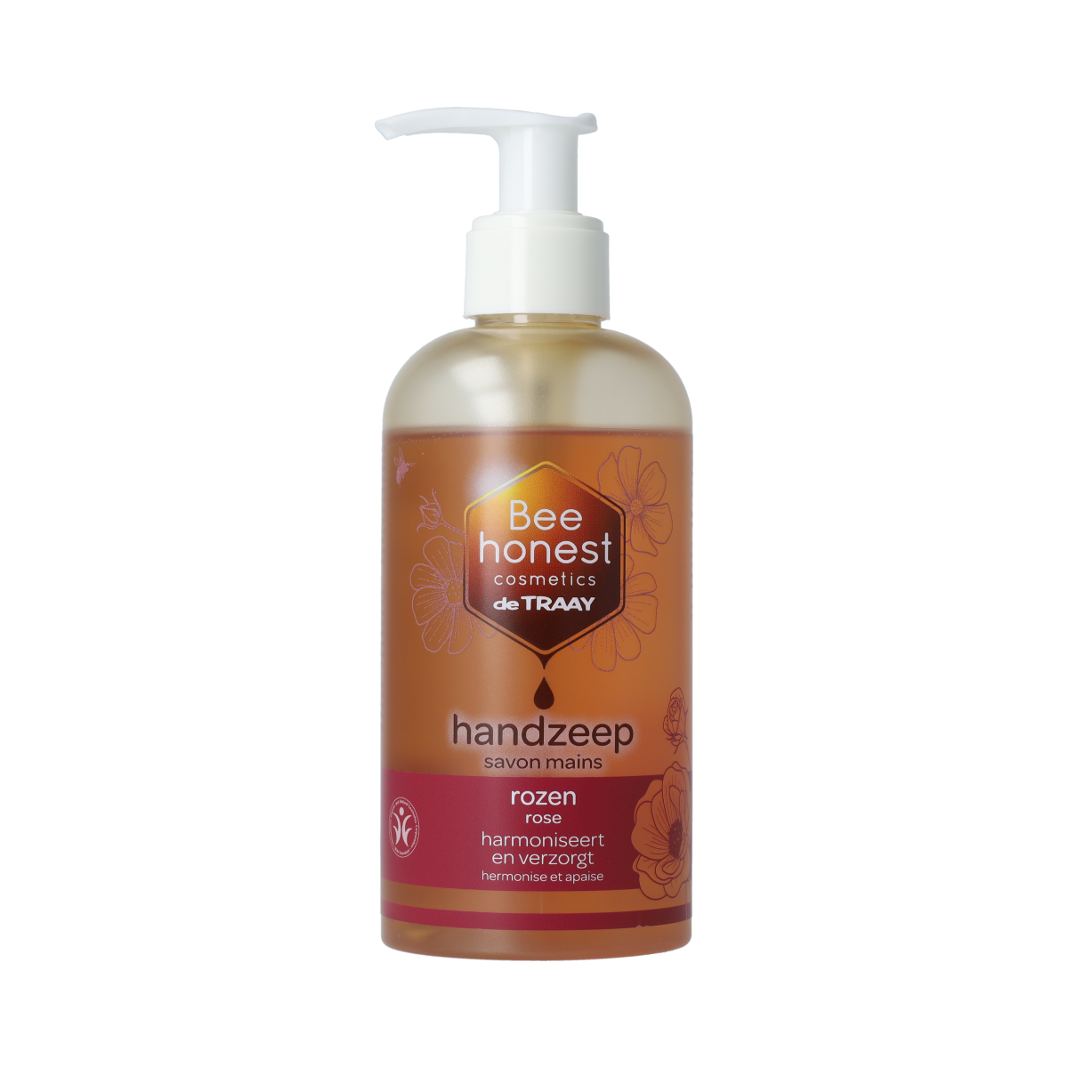 Traay Bee Honest hand soap with rose scent in a 250ml bottle, featuring elegant packaging and natural hand care ingredients.