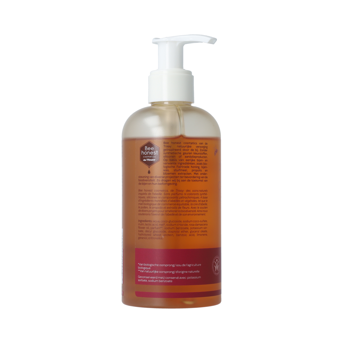 Traay Bee Honest Rozen handzeep in 250ml bottle, gentle hand care with floral scent, creamy lotion texture, and floral label design.