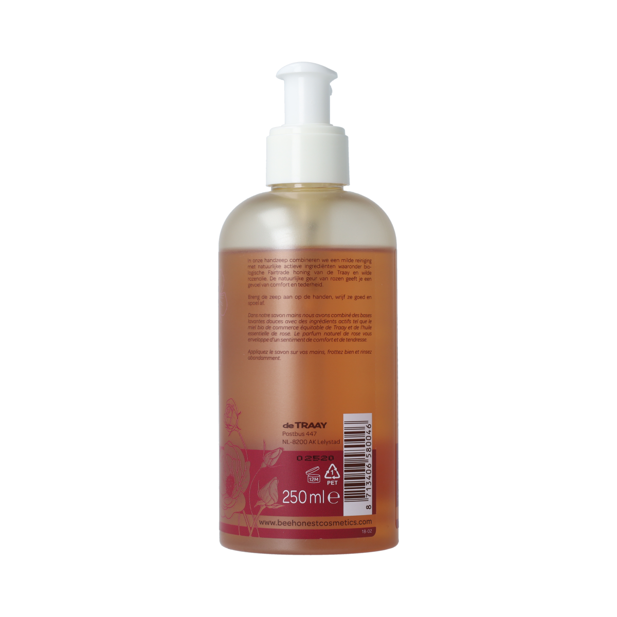 Traay Bee Honest handzeep rozen, 250ml, natural rose-scented hand care product with floral packaging.
