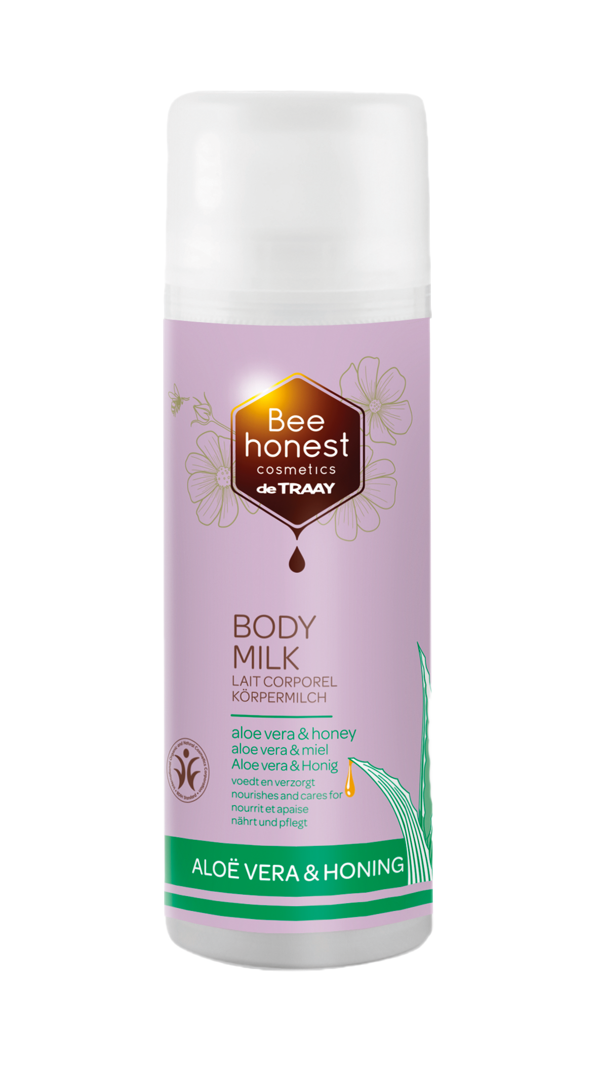 Traay Bee Honest aloe vera and honey body milk in 150ml bottle, moisturizing body care product with natural ingredients.