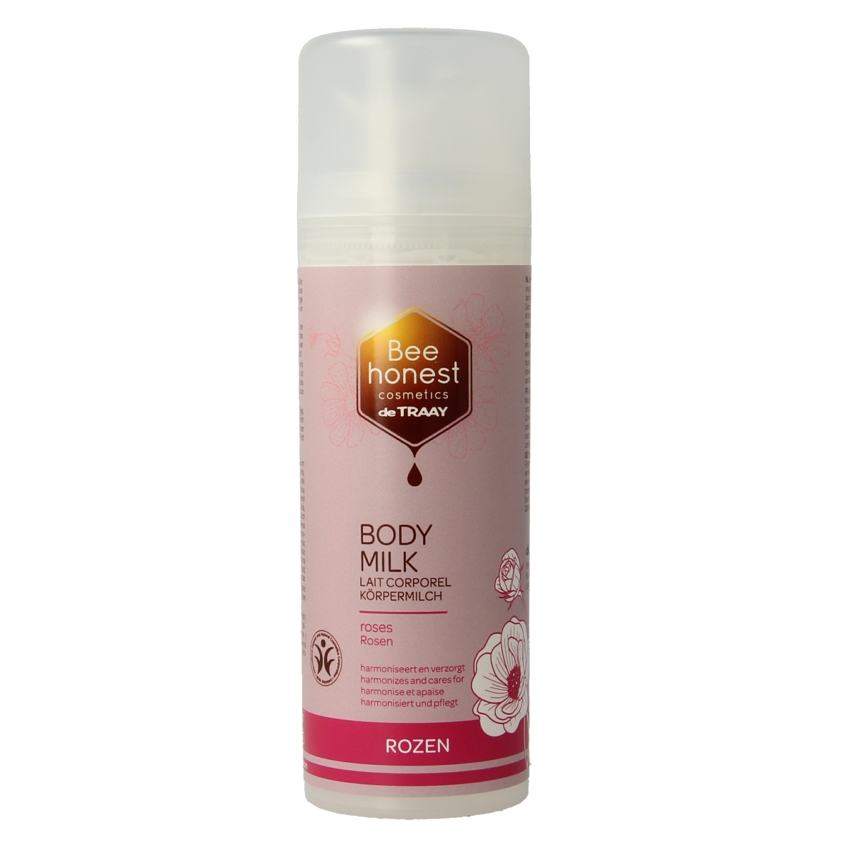 Traay Bee Honest Bodymilk rozen in a 150ml bottle, moisturizing body lotion with floral scent, for smooth skin.