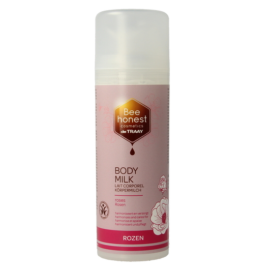 Traay Bee Honest Bodymilk rozen in a 150ml bottle, moisturizing body lotion with floral scent, for smooth skin.