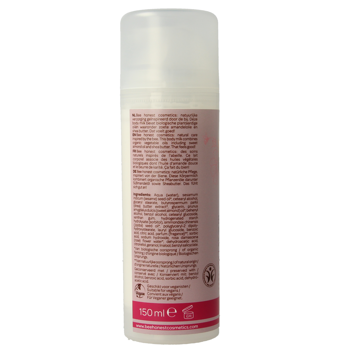 Traay Bee Honest Bodymilk Rozen in 150ml bottle, nourishing body lotion with rose scent, for soft and smooth skin.