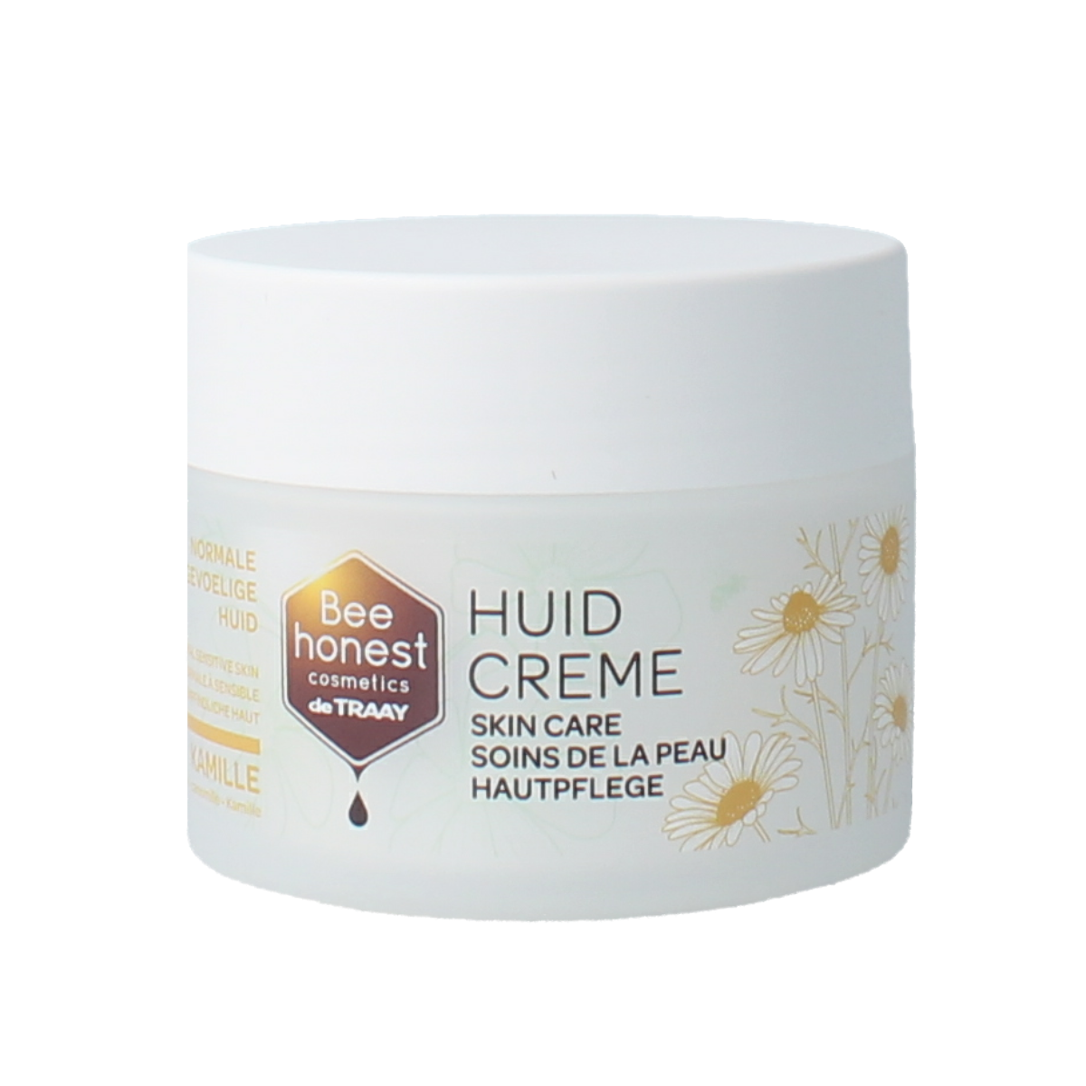 Traay Bee Honest kamille huidcrème in 100ml jar, lichaamsverzorging with calming chamomile for skin hydration and soothing care.
