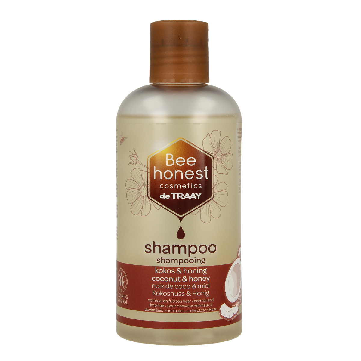 Traay Bee Honest kokos en honing shampoo voor haarverzorging, 250 ml fles with natural ingredients and product label